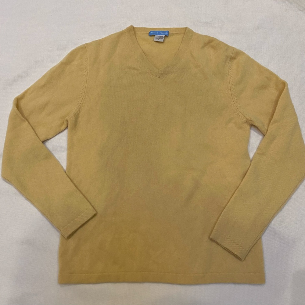 White And Warren 100% Cashmere Sweater Pale Yellow Vneck Womens L Lightweight